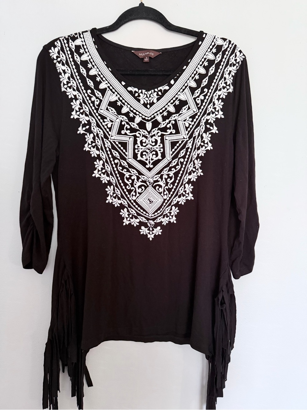 Multiples Black Tunic with White Embroidered V-Neck and Fringe size S B0026